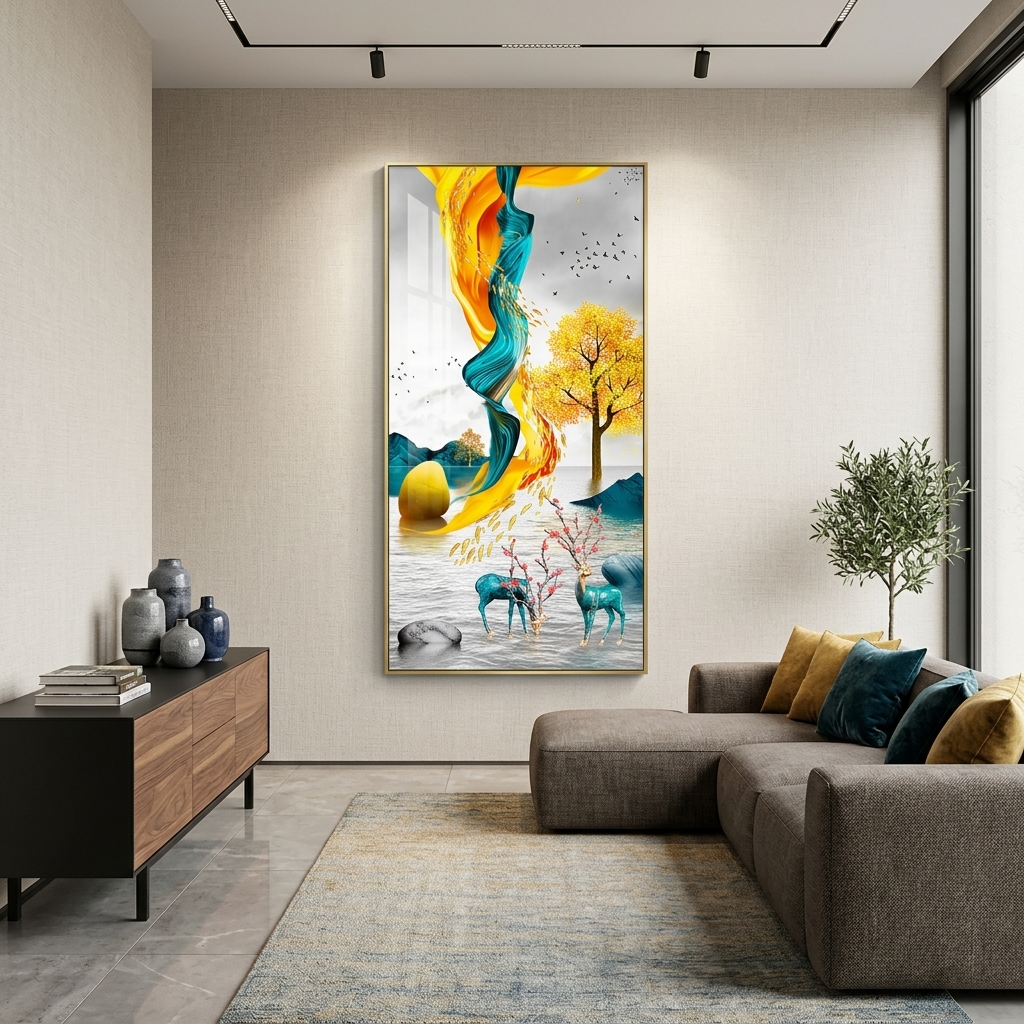 Zwei grüne Hirsche mit gelben und grünen Details im Hintergrund Abstraktion Leinwand Wand Kunstdruck