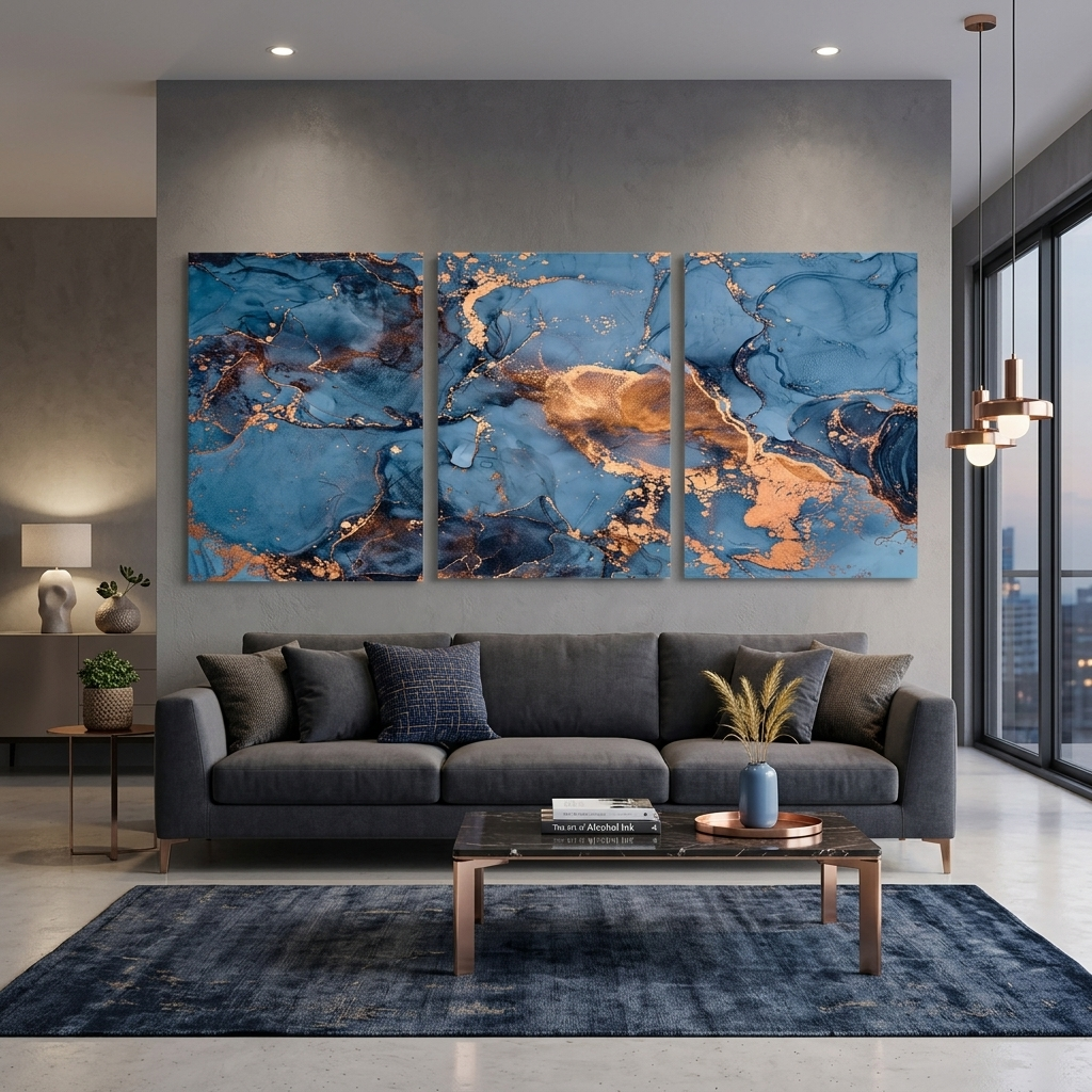 Modularer abstrakter mehrteiliger Kunstdruck auf Leinwand in Blau und Gold