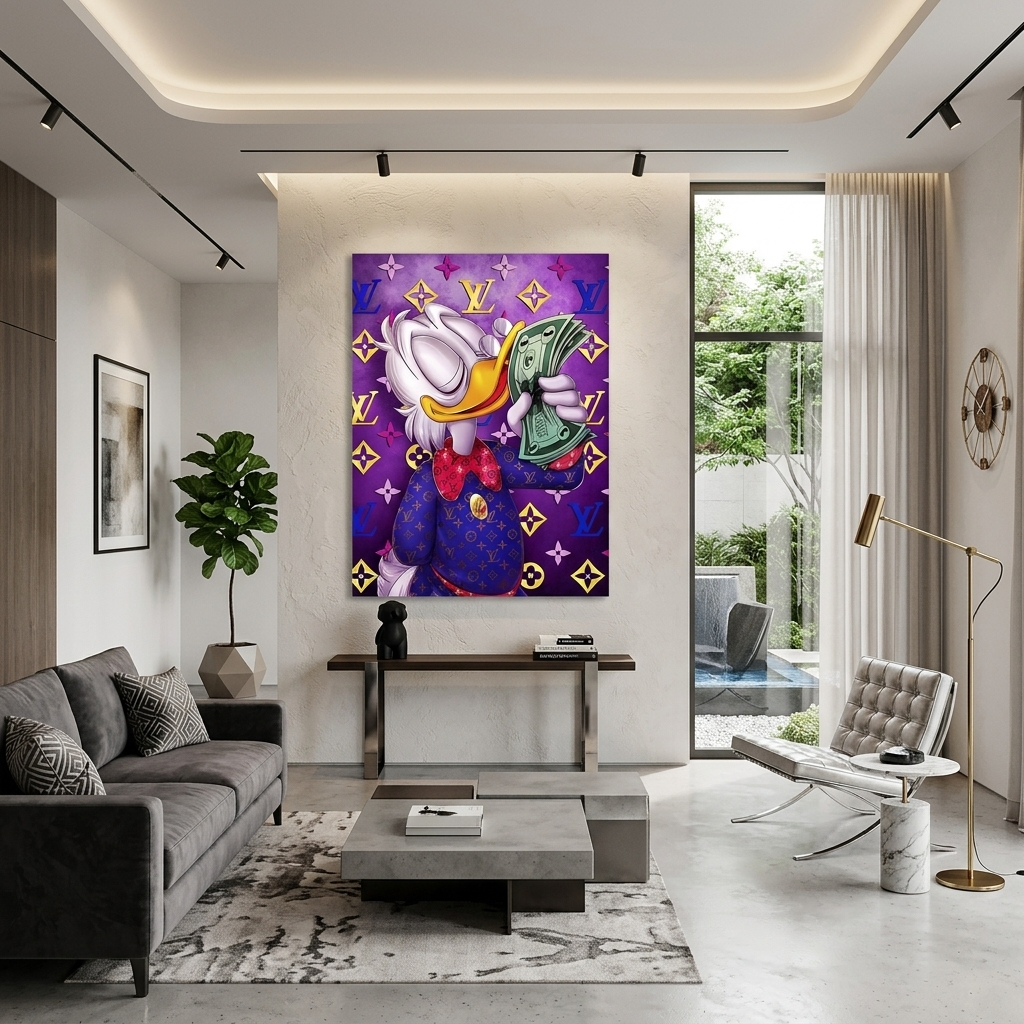 Inspirierender Leinwand-Kunstdruck „Scrooge mit einem Bündel Dollar auf violettem Hintergrund“ von Chanel