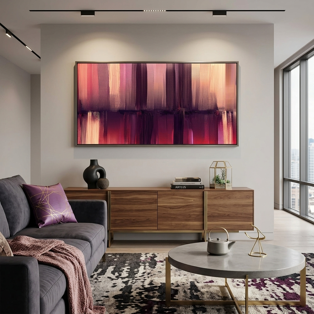 Vertikale Linien in Beige, Lila und Rot – Abstrakter Kunstdruck auf Leinwand