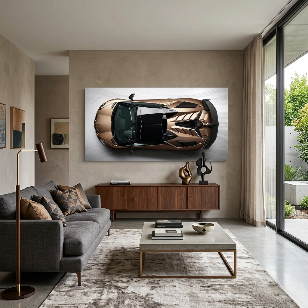 Das Auto ist ein brauner Lamborghini-Kunstdruck auf Leinwand.