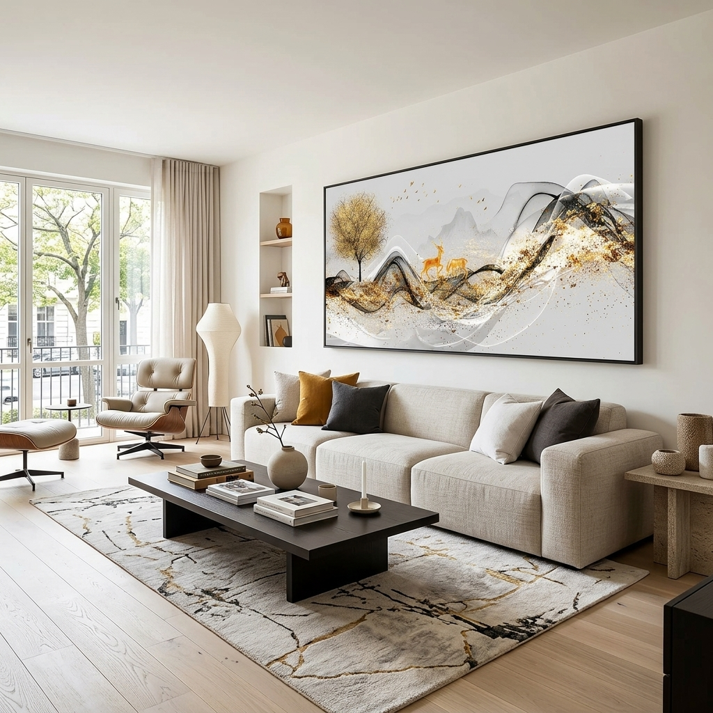 Zwei Hirsche in der Nähe eines Baumes mit einem Berg im Hintergrund Abstraktion Leinwand Wand Kunstdruck
