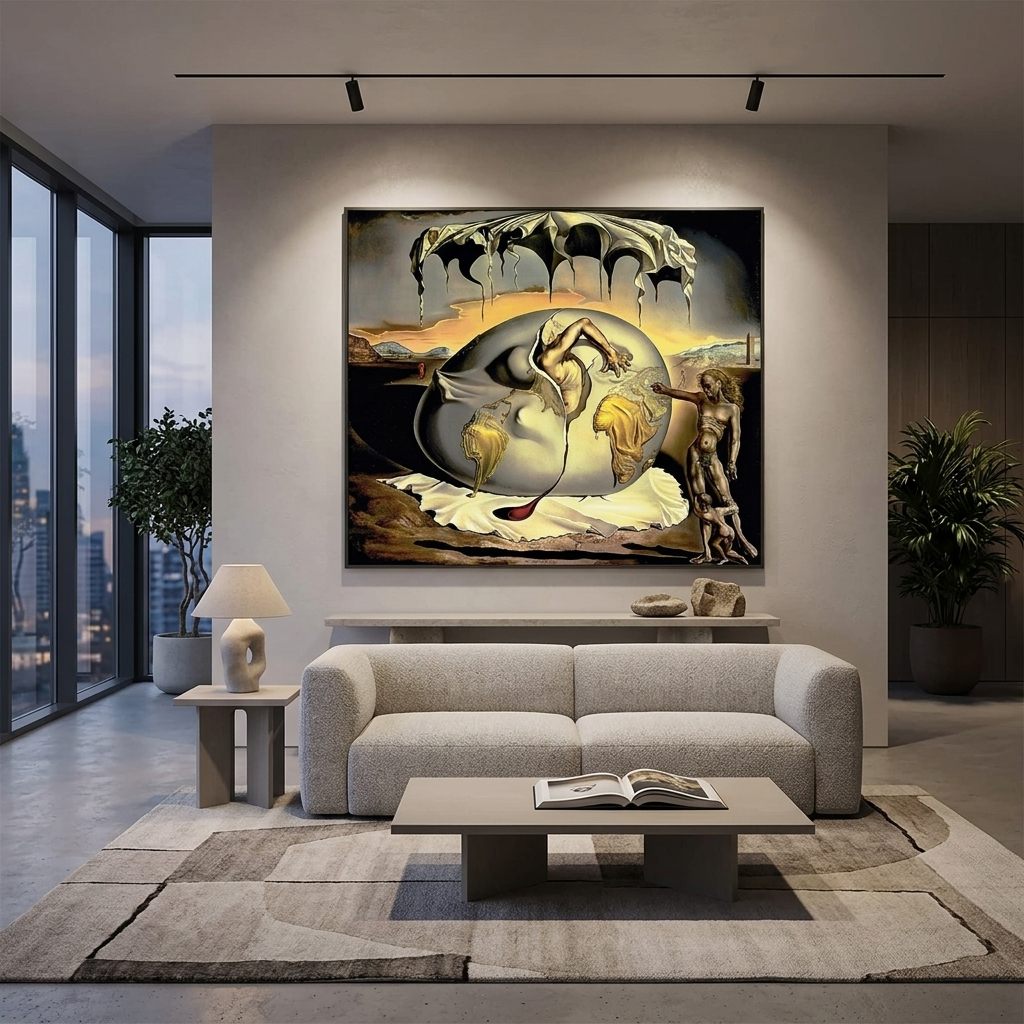 Ein geopolitisches Kind wird Zeuge der Geburt eines neuen Menschen, Reproduktion von Salvador Dali, Kunstdruck auf Leinwand