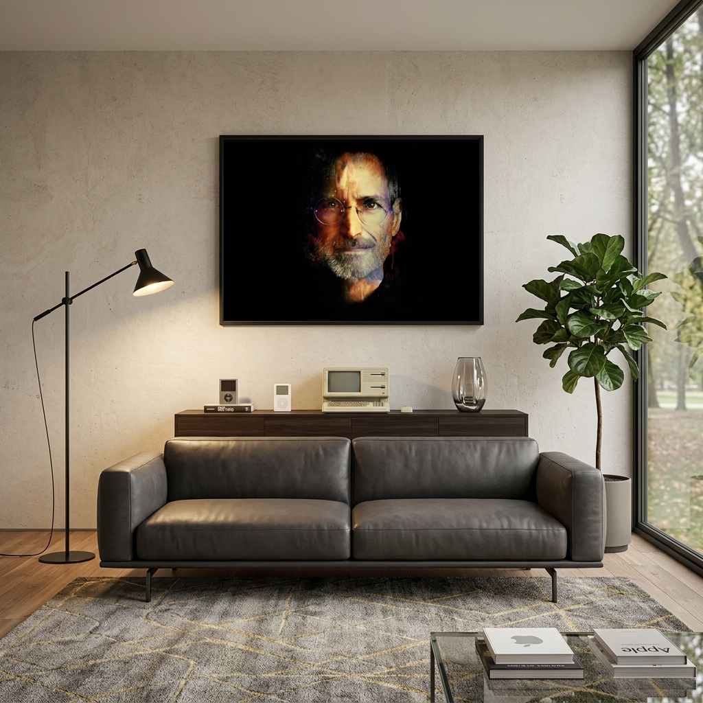 Kunstdruck auf Leinwand mit Steve Jobs auf schwarzem Hintergrund