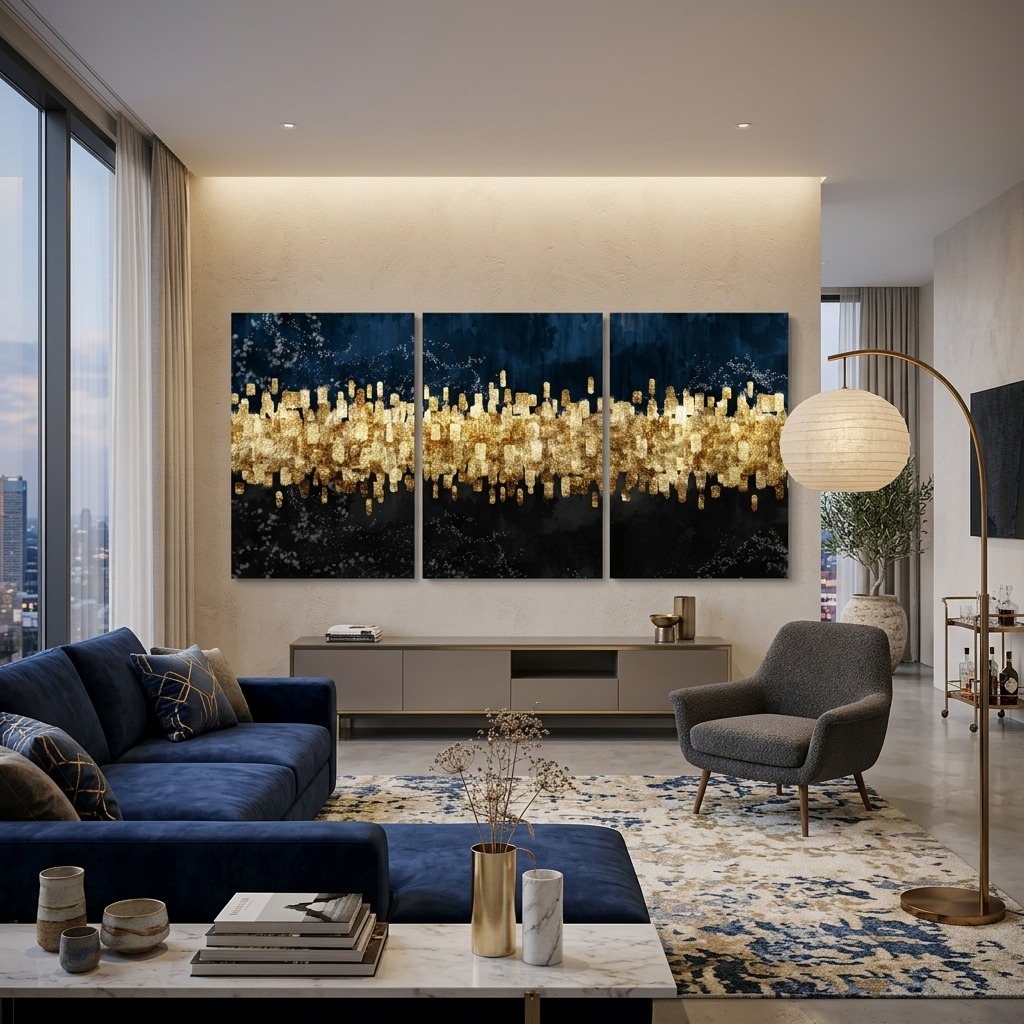 Modularer abstrakter Kunstdruck auf Leinwand, mehrteilig, Schwarz und Gold