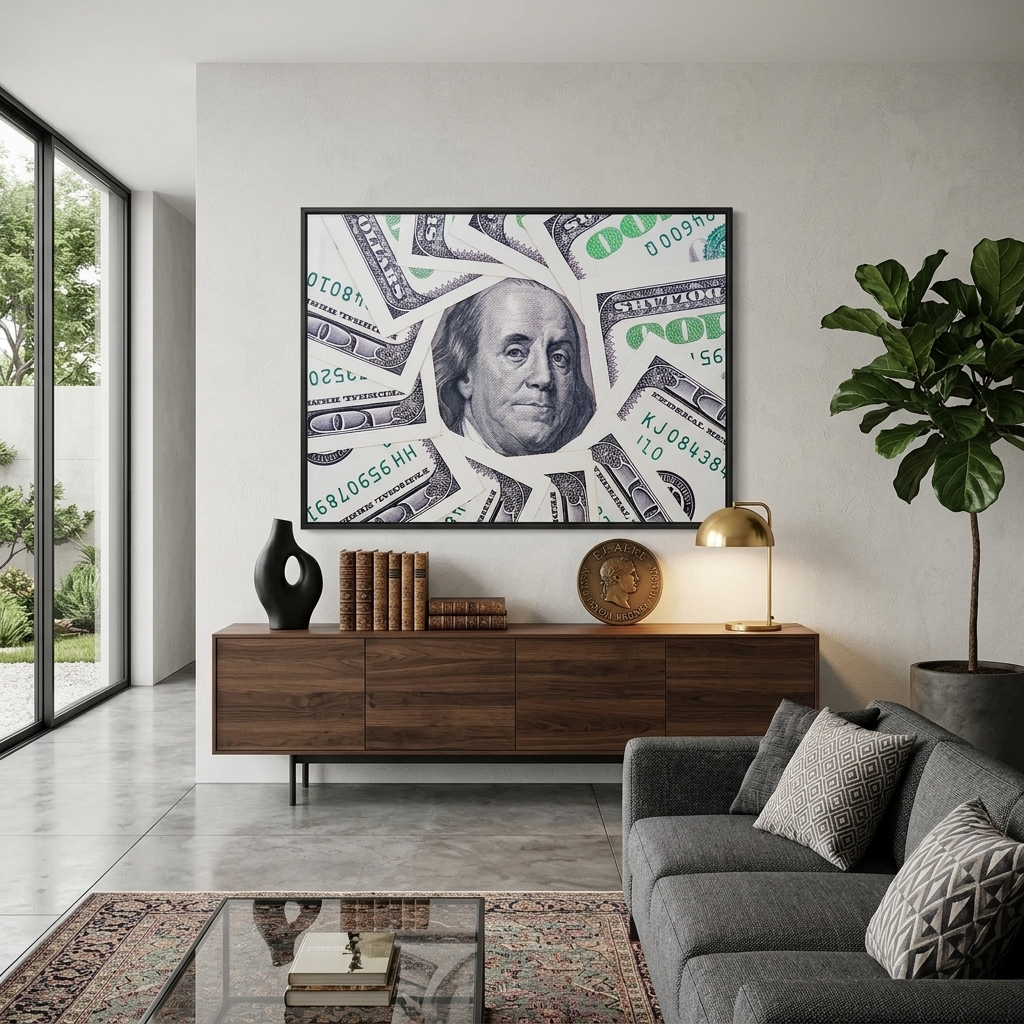 12 100-Dollar-Scheine, mit einem Bild von Franklin in der Mitte. Inspirierender Kunstdruck auf Leinwand