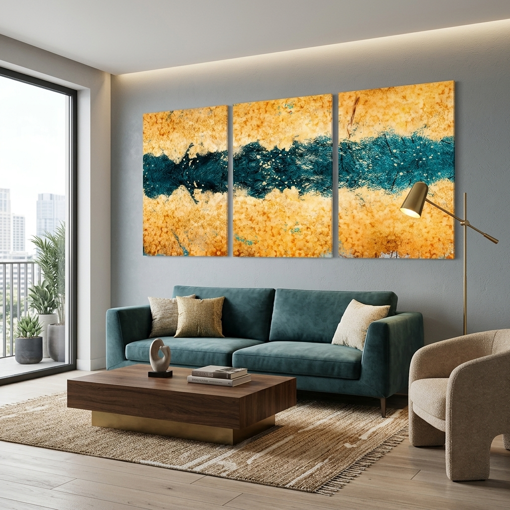 Modularer, goldener, abstrakter Kunstdruck mit dunkelgrünen Blumen, mehrere Teile auf Leinwand
