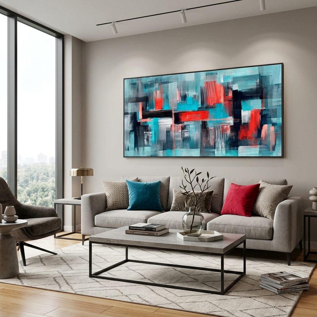 Türkis abstrakt mit roten und schwarzen Details Abstraktion Leinwand Wand Kunstdruck
