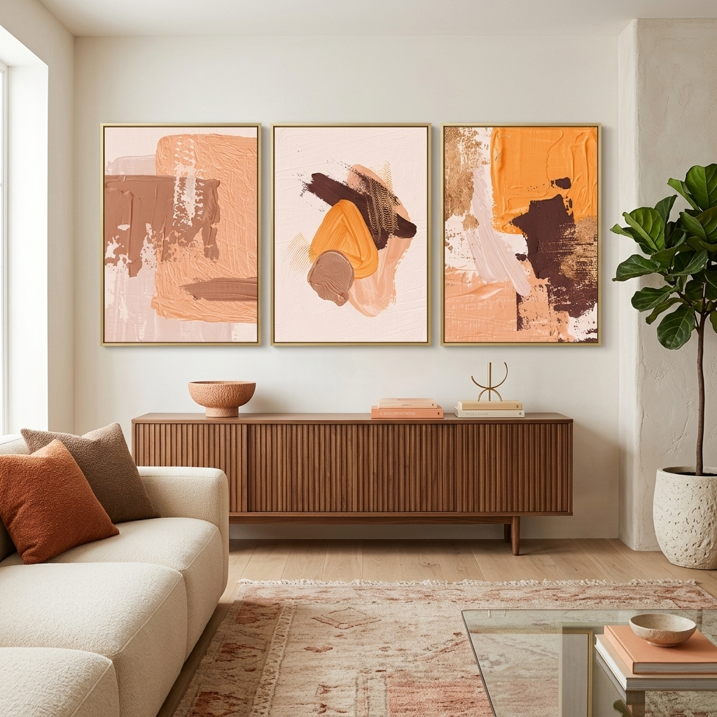 Modularer Kunstdruck auf Leinwand in mehreren Teilen in Beige-Gelbtönen