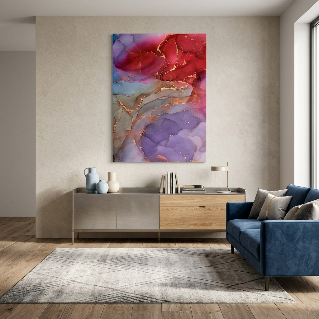 Rot-violetter Abstraktions-Kunstdruck auf Leinwand