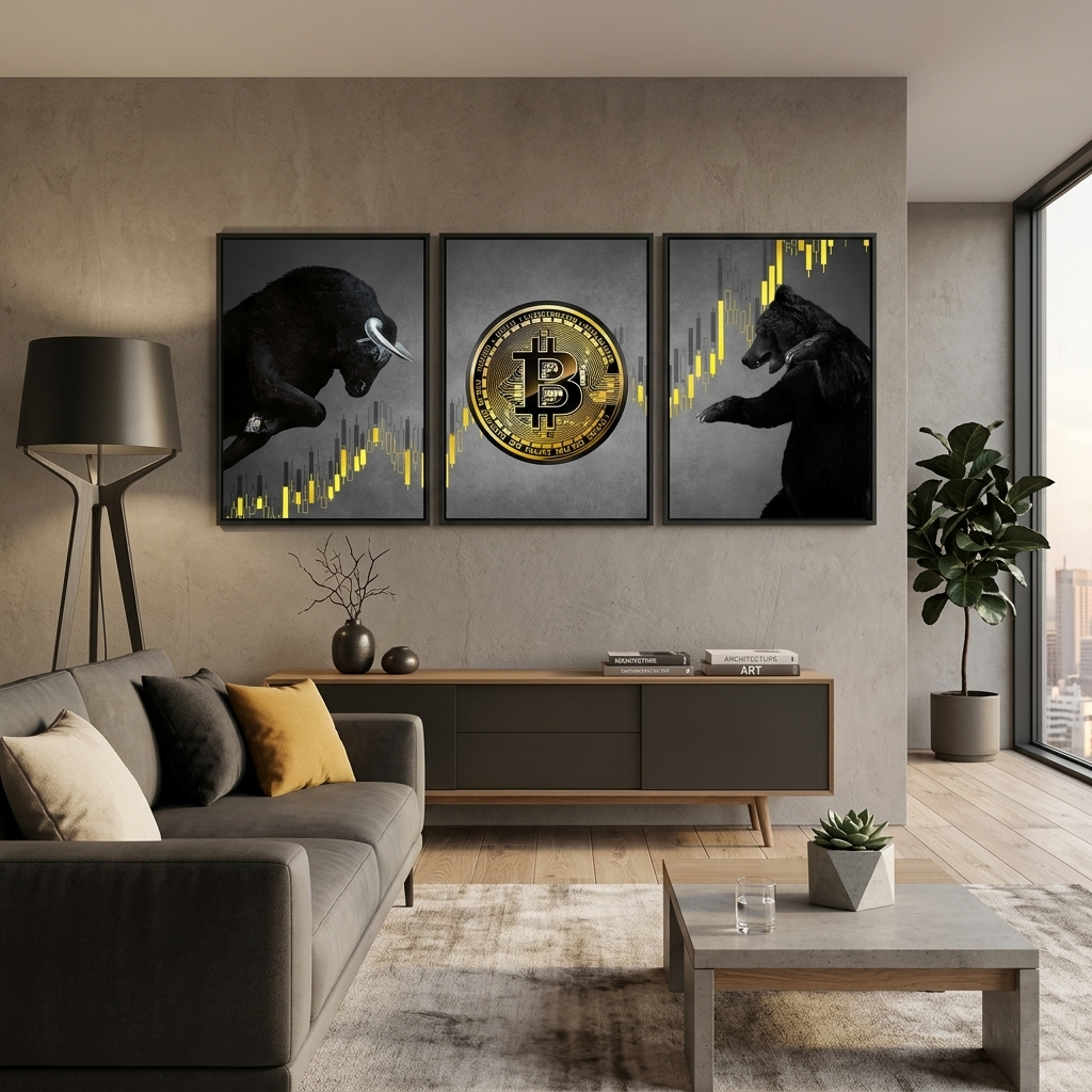 Motivations modular 3-piece Bitcoin bull and bear on gray background Multi Panel Canvas Wall Art Print