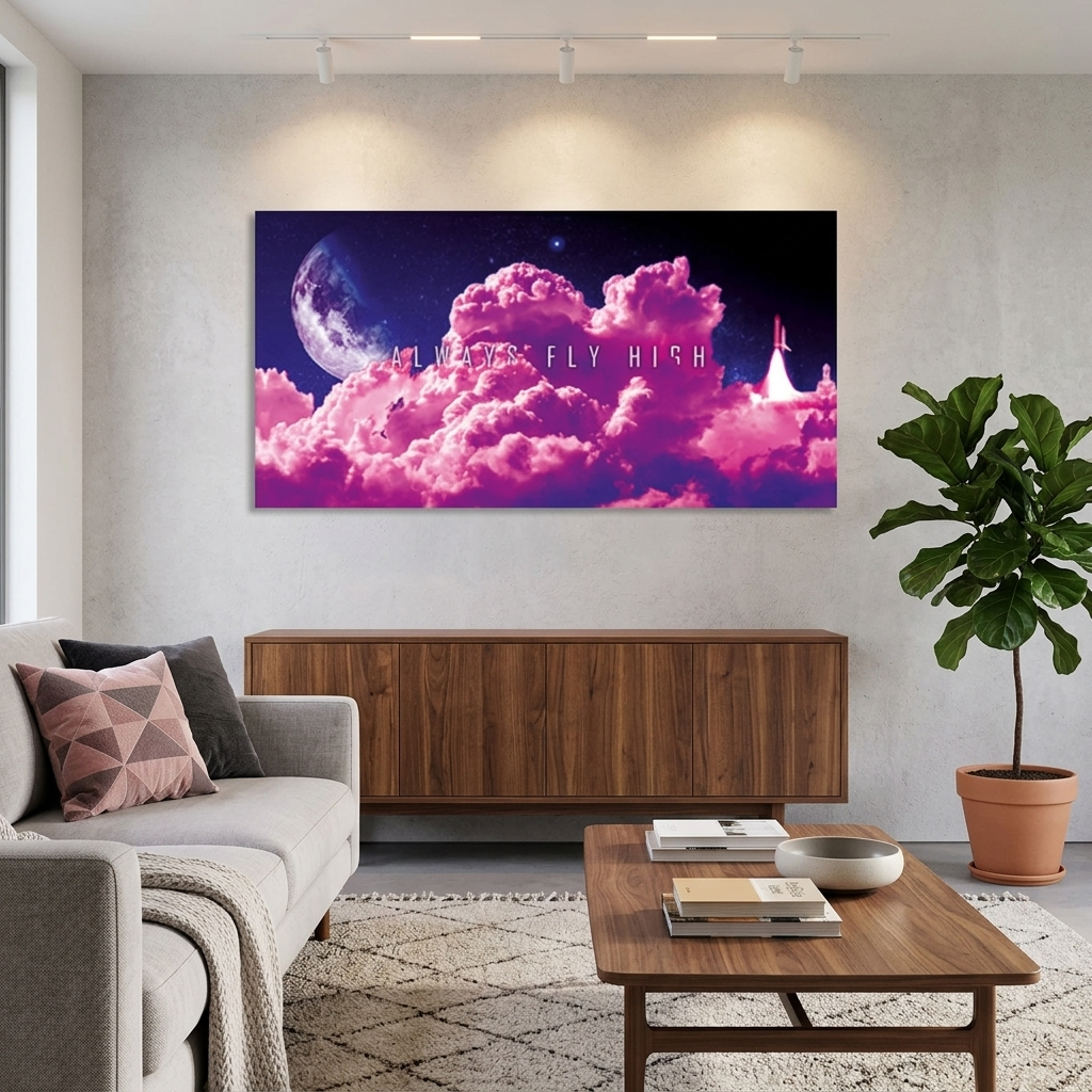 Rosa Wolken auf dem Hintergrund des Monats mit der Aufschrift „Motivationaler Leinwand-Kunstdruck“