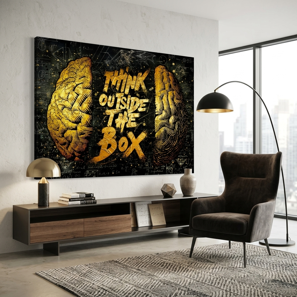 „Think outside the box“ – Schwarz-Gelb – Motivierender Kunstdruck auf Leinwand