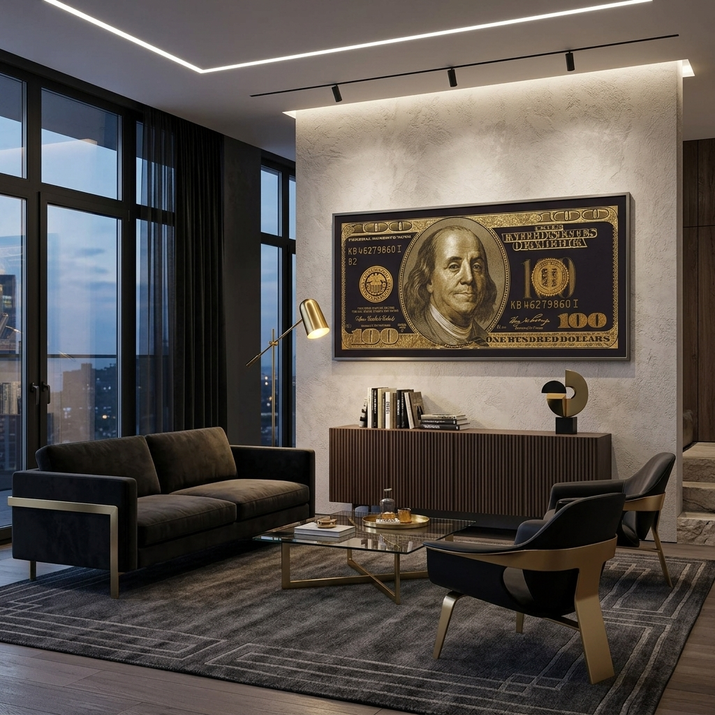 100 Dollar goldener und schwarzer inspirierender Kunstdruck auf Leinwand