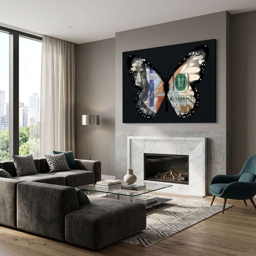 Schmetterling Dollar schwarz motivierende Leinwand Wand Kunstdruck