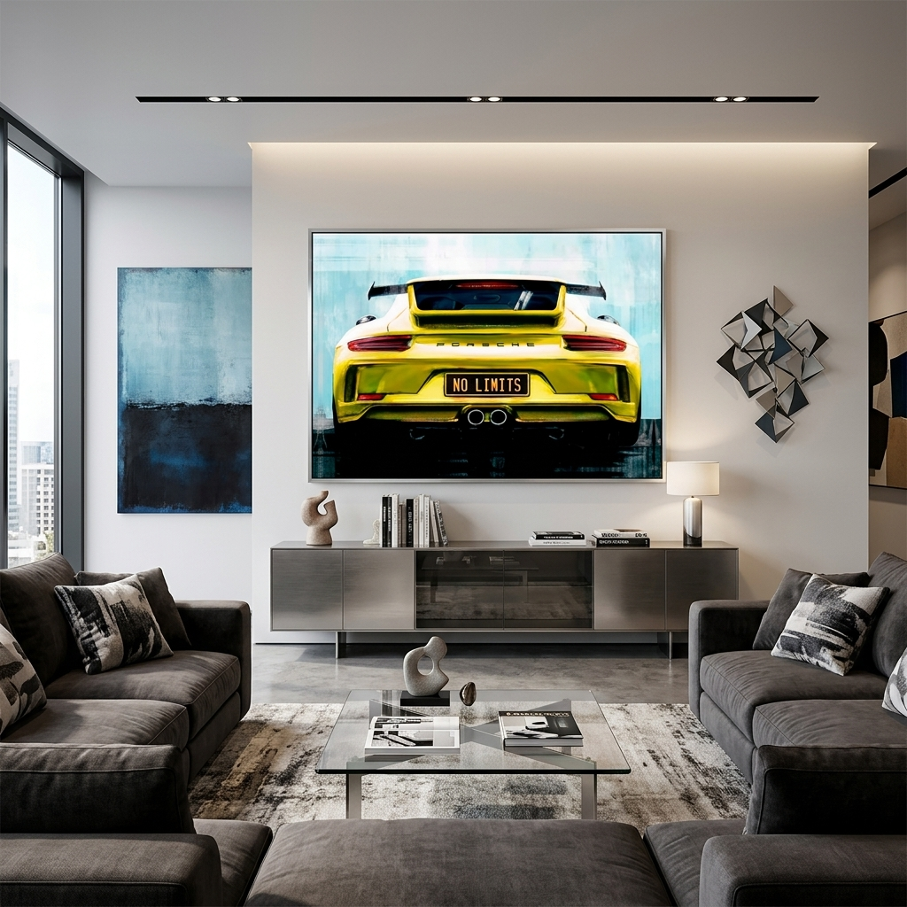 Porsche auf der Rückseite der "No Limit" Nummernschilder Leinwand Wand Kunstdruck