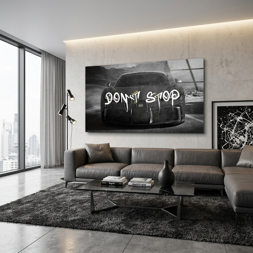Zur Motivation: „Don't Stop“ – Motivierender Kunstdruck auf Leinwand, Motivierender Bugatti