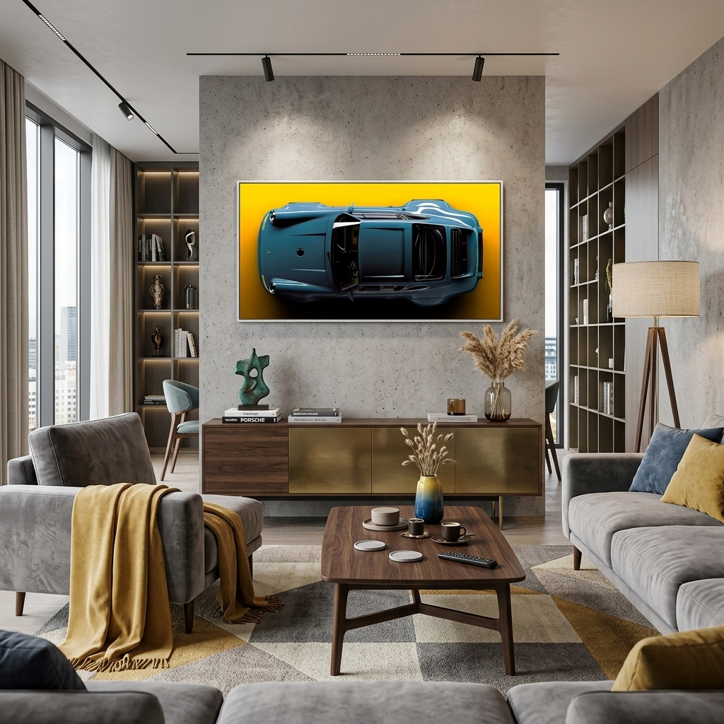 Leinwandbild, Motiv: Porsche 911, blaues Porsche-Auto auf gelbem Hintergrund