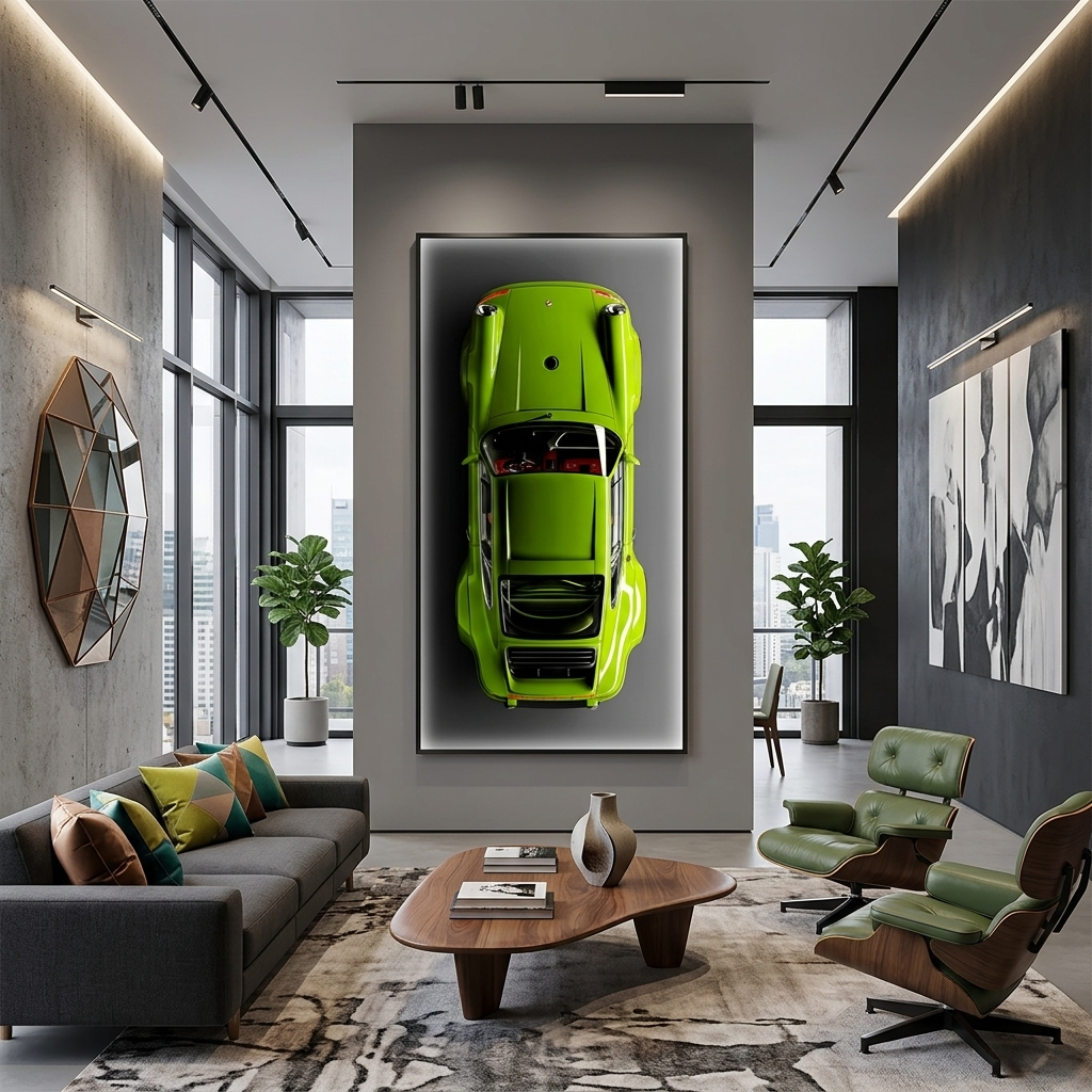 Сar lettuce green Porsche 911 on gray background Canvas Wall Art Print