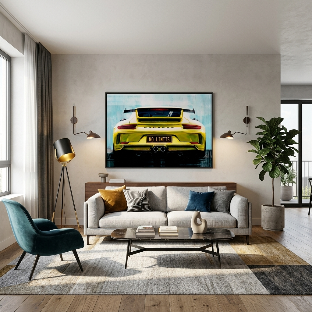 Porsche auf der Rückseite der "No Limit" Nummernschilder Leinwand Wand Kunstdruck
