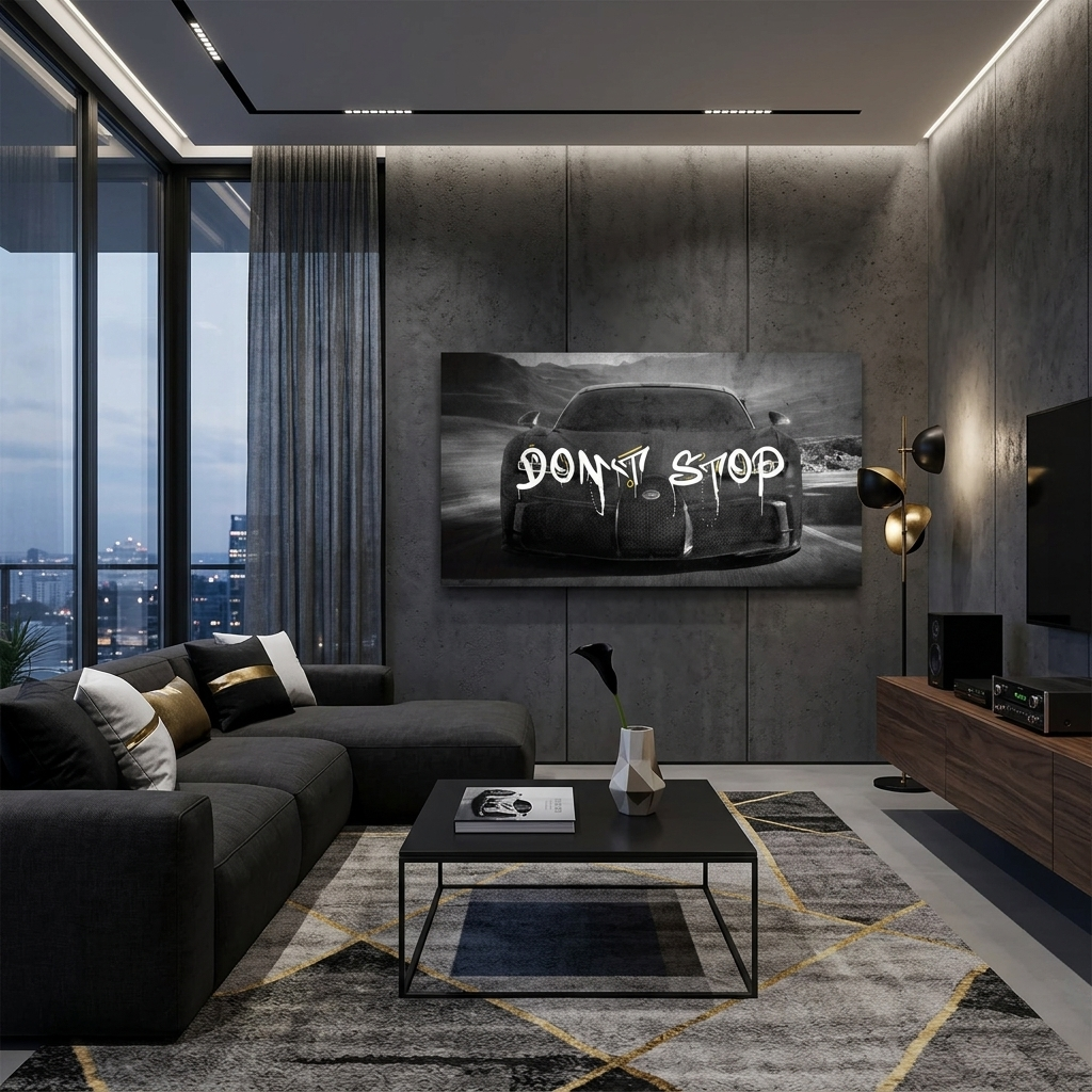 Zur Motivation: „Don't Stop“ – Motivierender Kunstdruck auf Leinwand, Motivierender Bugatti