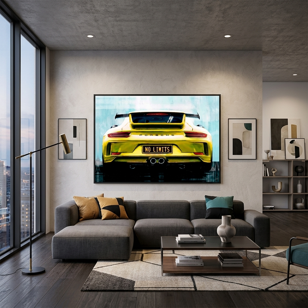 Porsche auf der Rückseite der "No Limit" Nummernschilder Leinwand Wand Kunstdruck