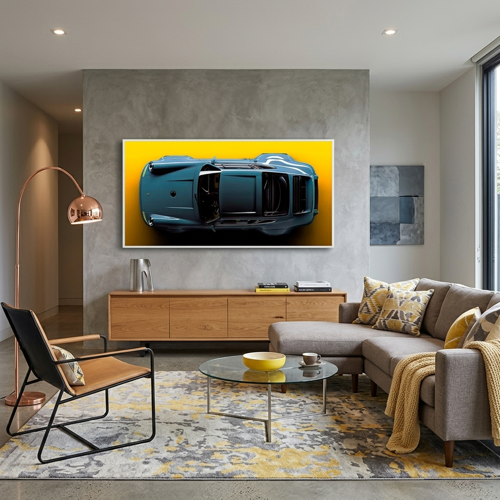 Porsche 911 blue Porsche car on yellow background Canvas Wall Art Print