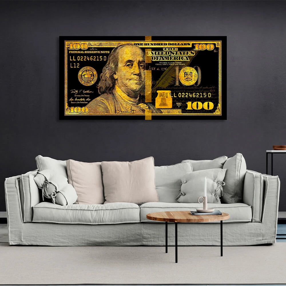 100 Dollar Schein Schwarz und Gold Motivierender Leinwand-Kunstdruck