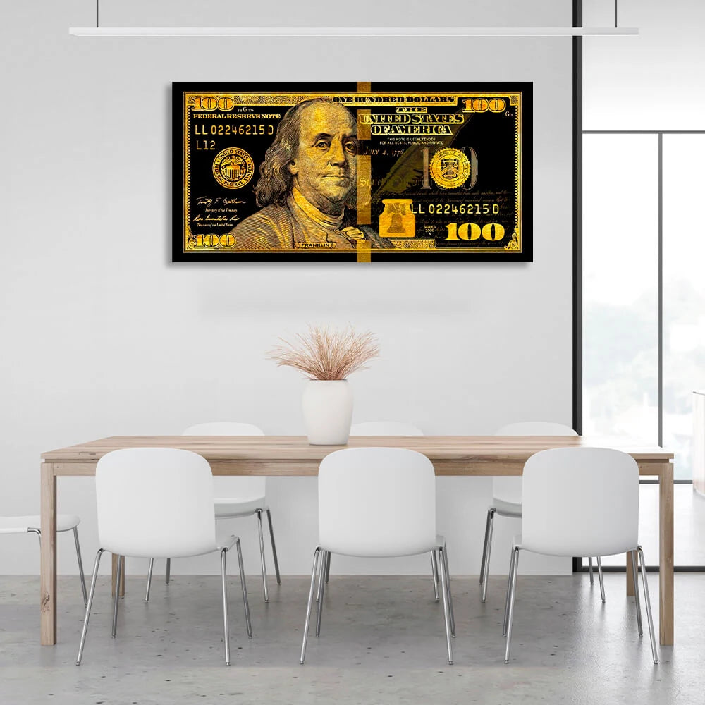 100 Dollar Schein Schwarz und Gold Motivierender Leinwand-Kunstdruck
