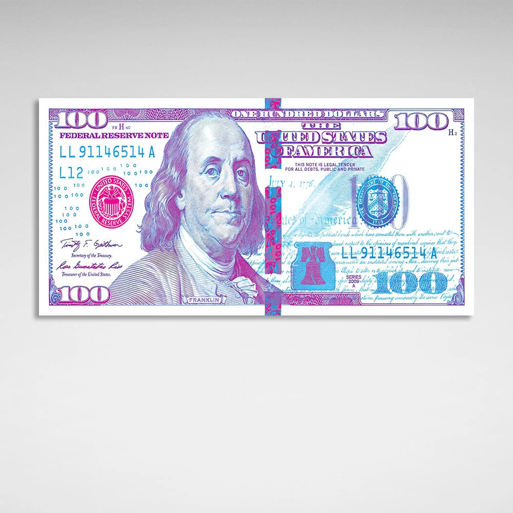 100 dollars white, purple and pink Inspirational Canvas Wall Art Print
