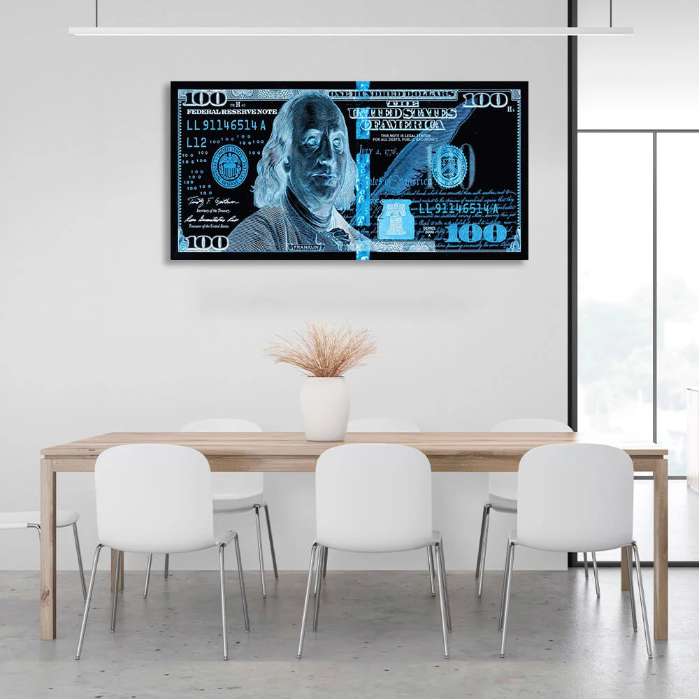 100 dollars black and blue Inspirational Canvas Wall Art Print