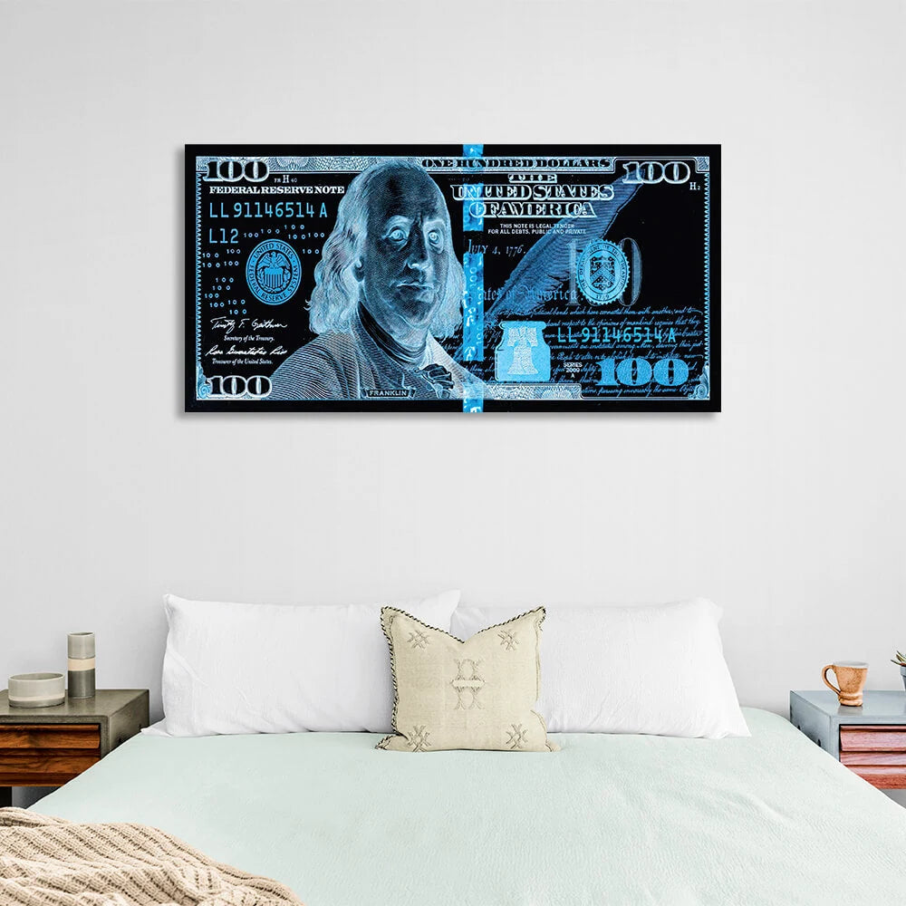 100 dollars black and blue Inspirational Canvas Wall Art Print