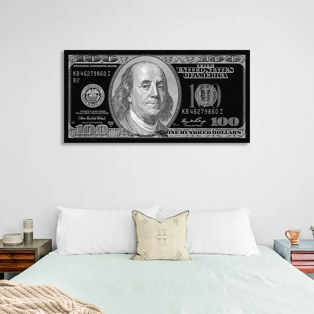 100 dollars black and gray old design Inspirational Canvas Wall Art Print