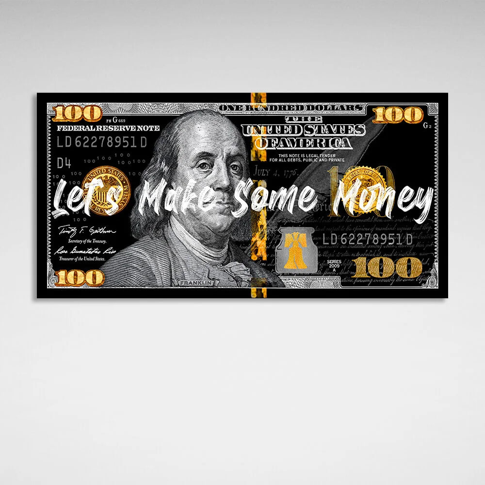 100 dolars black gold Let's make money Inspirational Canvas Wall Art Print