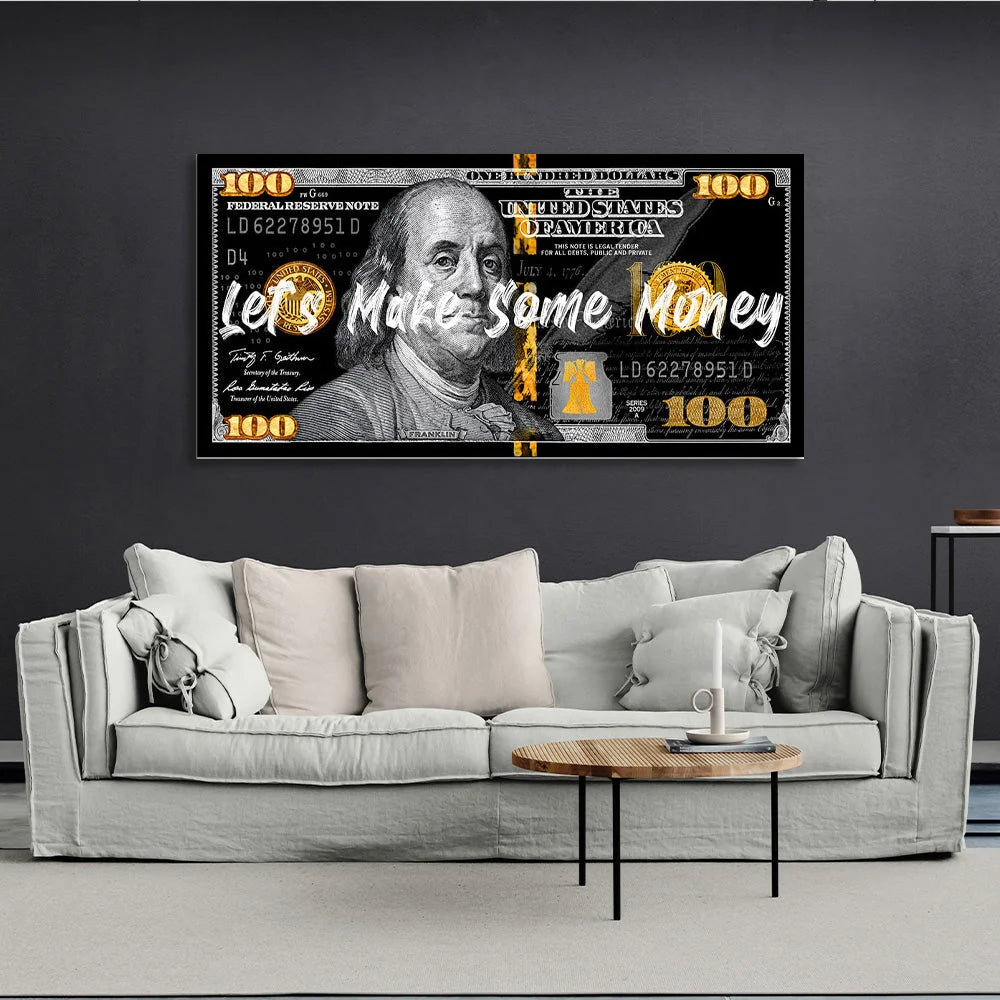 100 dolars black gold Let's make money Inspirational Canvas Wall Art Print