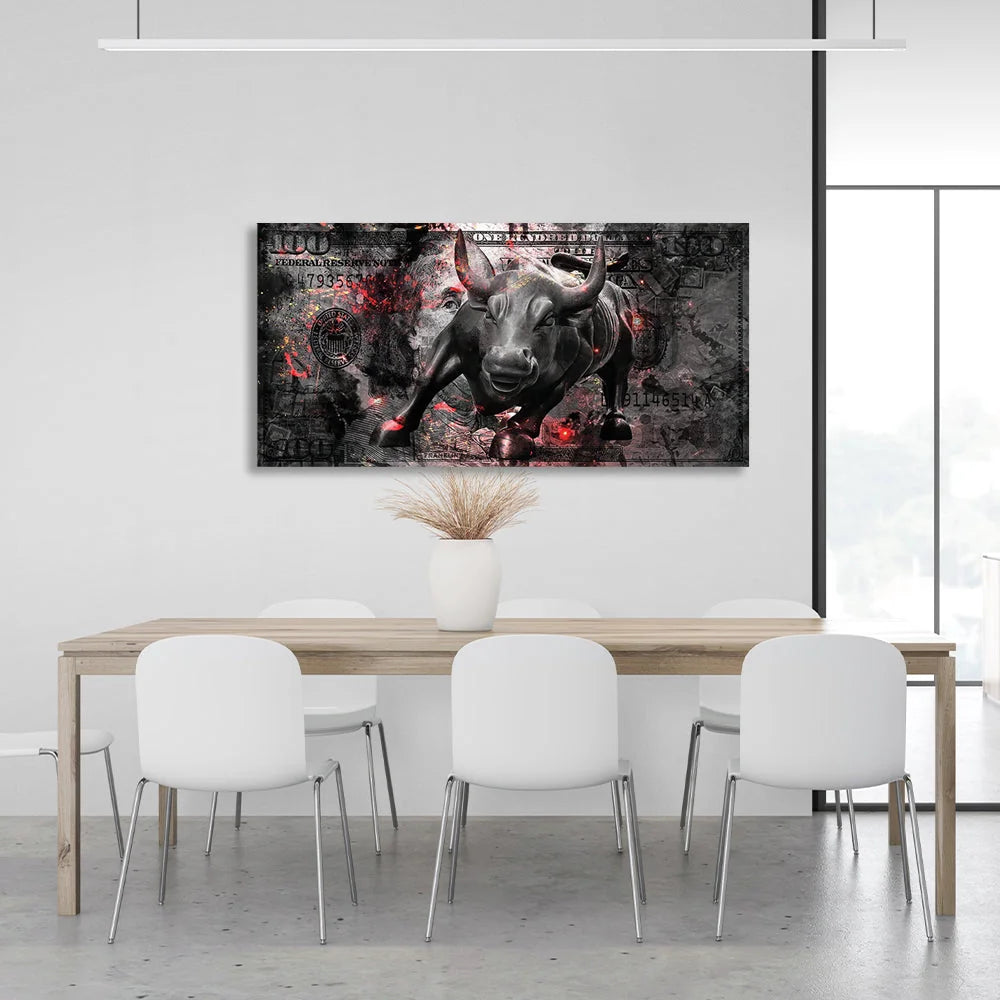 100 dollars with an attacking bull Inspirational Canvas Wall Art Print