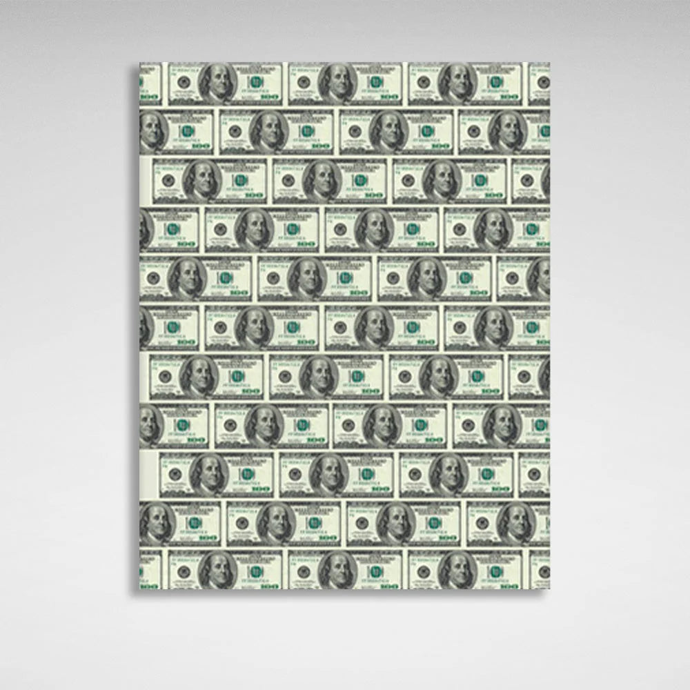 100-dollar bills are laid out in rows Inspirational Canvas Wall Art Print