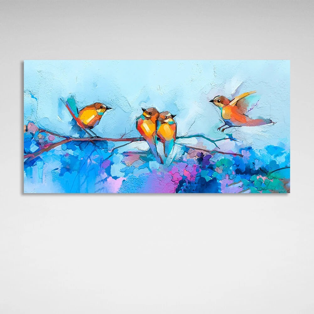 4 birds on blue background imitation oil painting canvas Wall Art Print