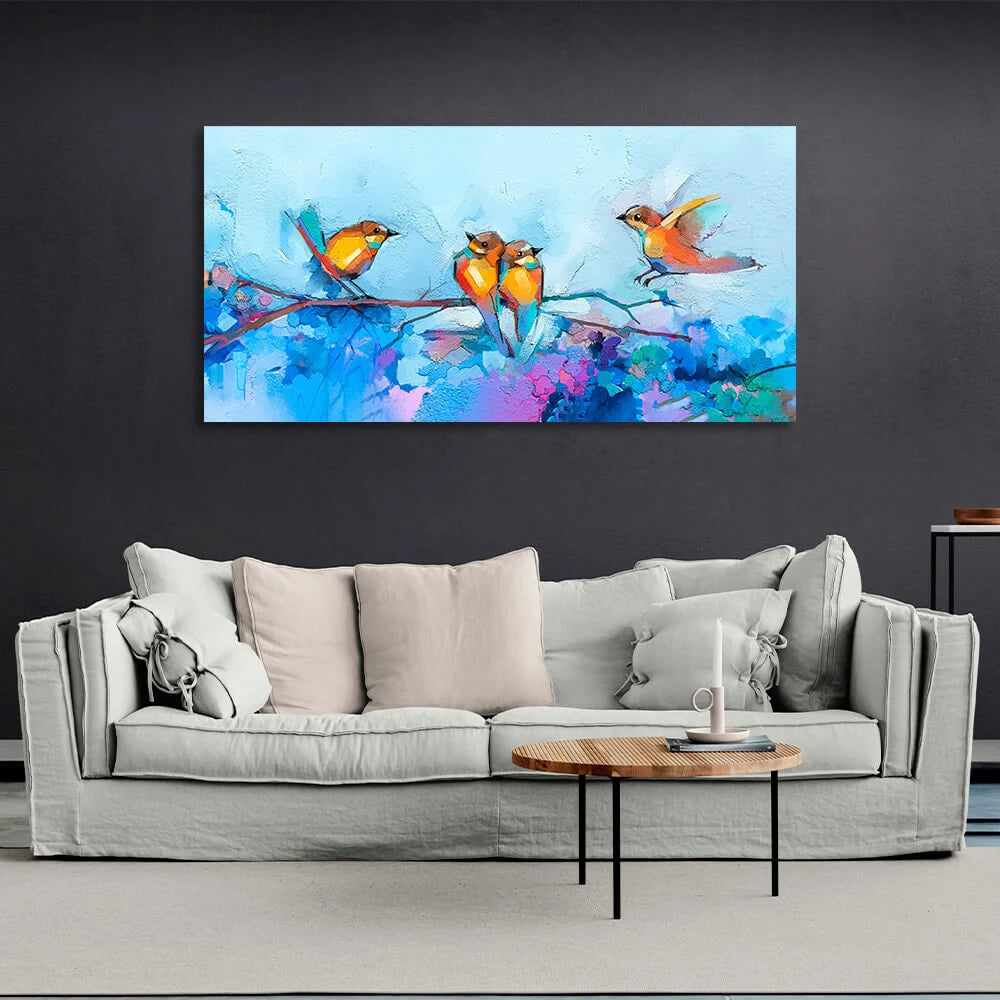 4 birds on blue background imitation oil painting canvas Wall Art Print