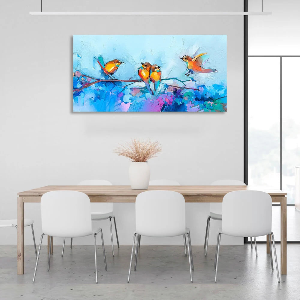 4 birds on blue background imitation oil painting canvas Wall Art Print