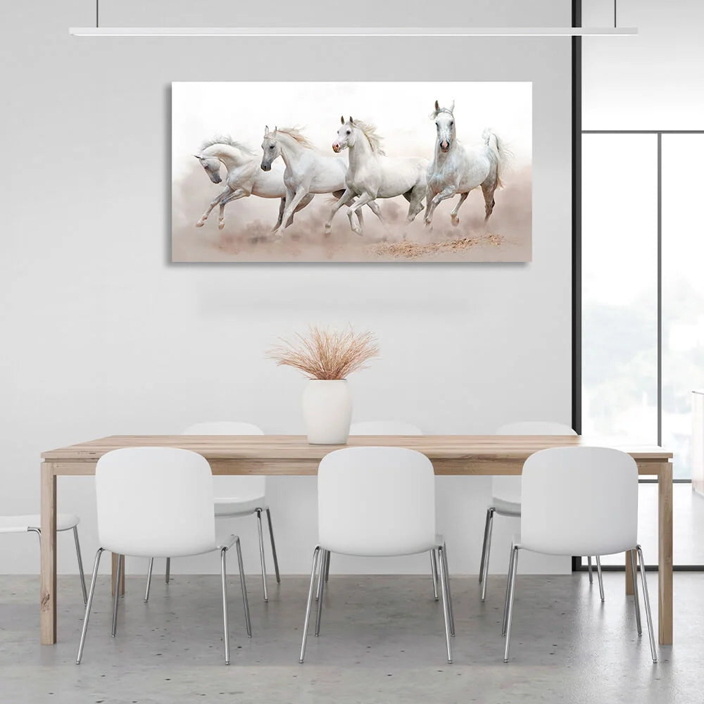 4 white horses running on sand on white background Canvas Wall Art Print