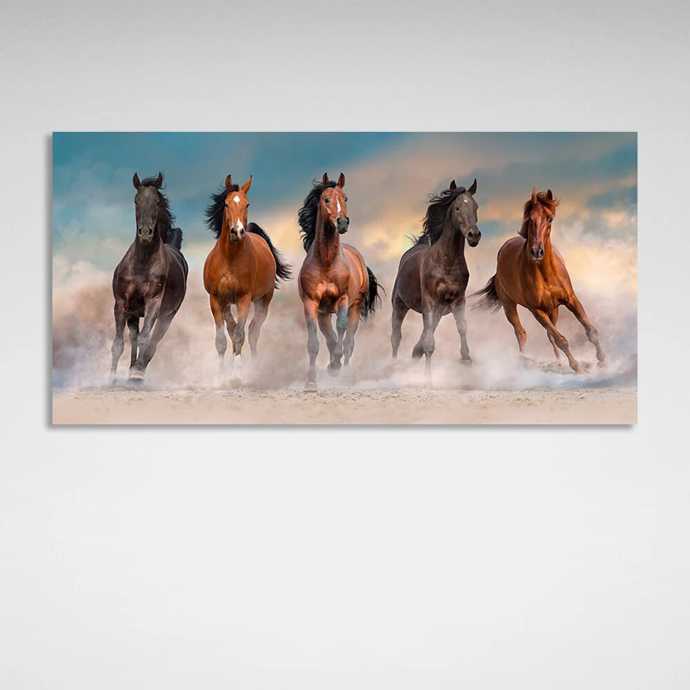 5 horses running through the desert against the blue sky Canvas Wall Art Print