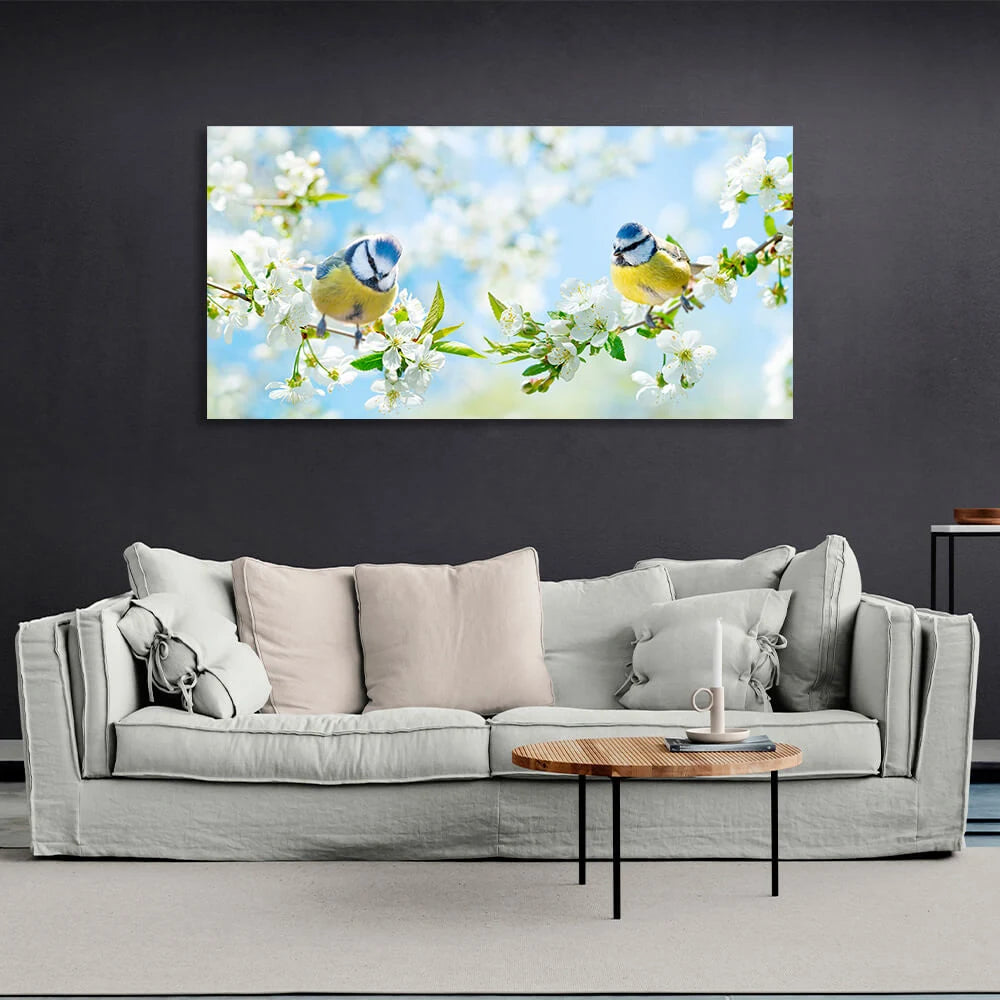 2 Spring Birds On Branches With White Flowers Canvas Wall Art Print