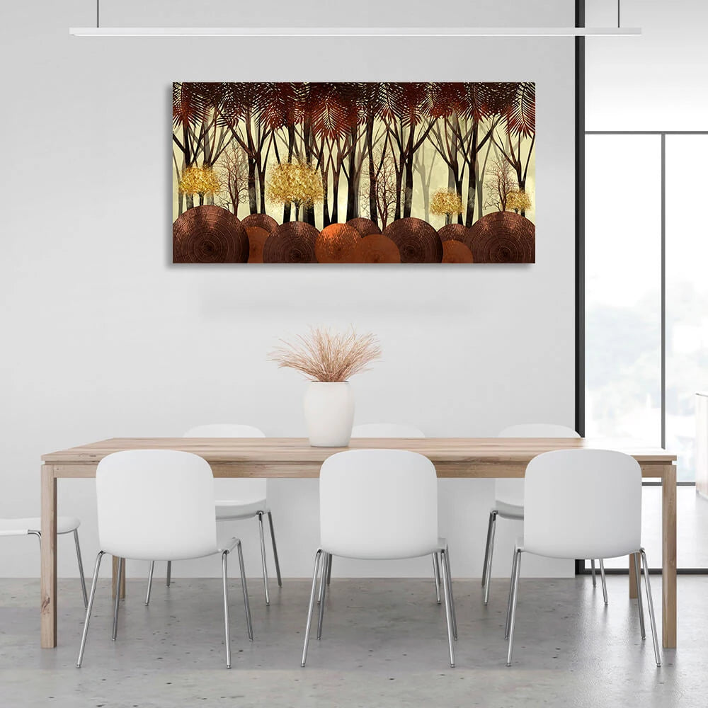 4 golden trees in a forest of tall trees Canvas Wall Art Print