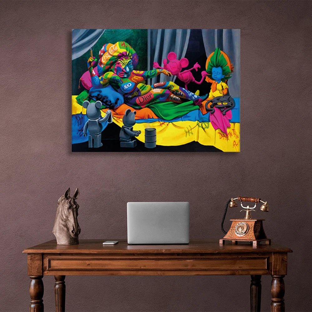 Kunstdruck auf Leinwand mit einer Cartoon-Frau und anderen Figuren