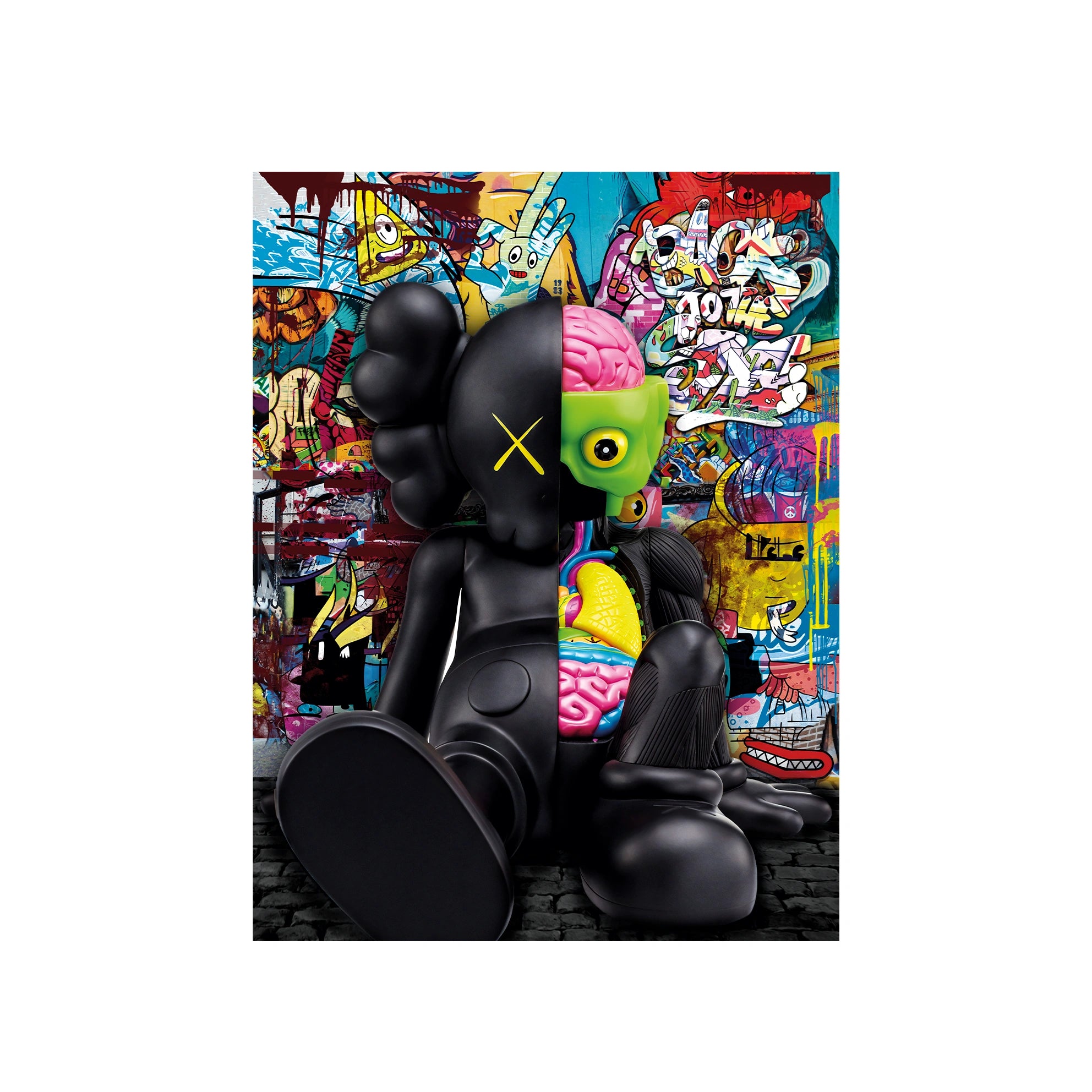 Eine schwarze Puppe im Hintergrund von Graffiti CANVAS Wand Kunstdruck