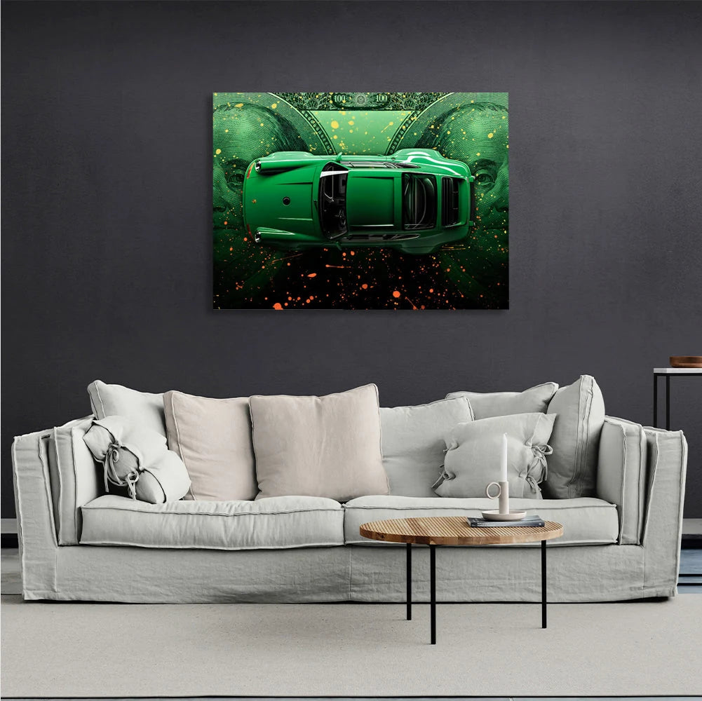 Leinwandbild „Ein grüner Porsche vor dem Hintergrund von Dollars“