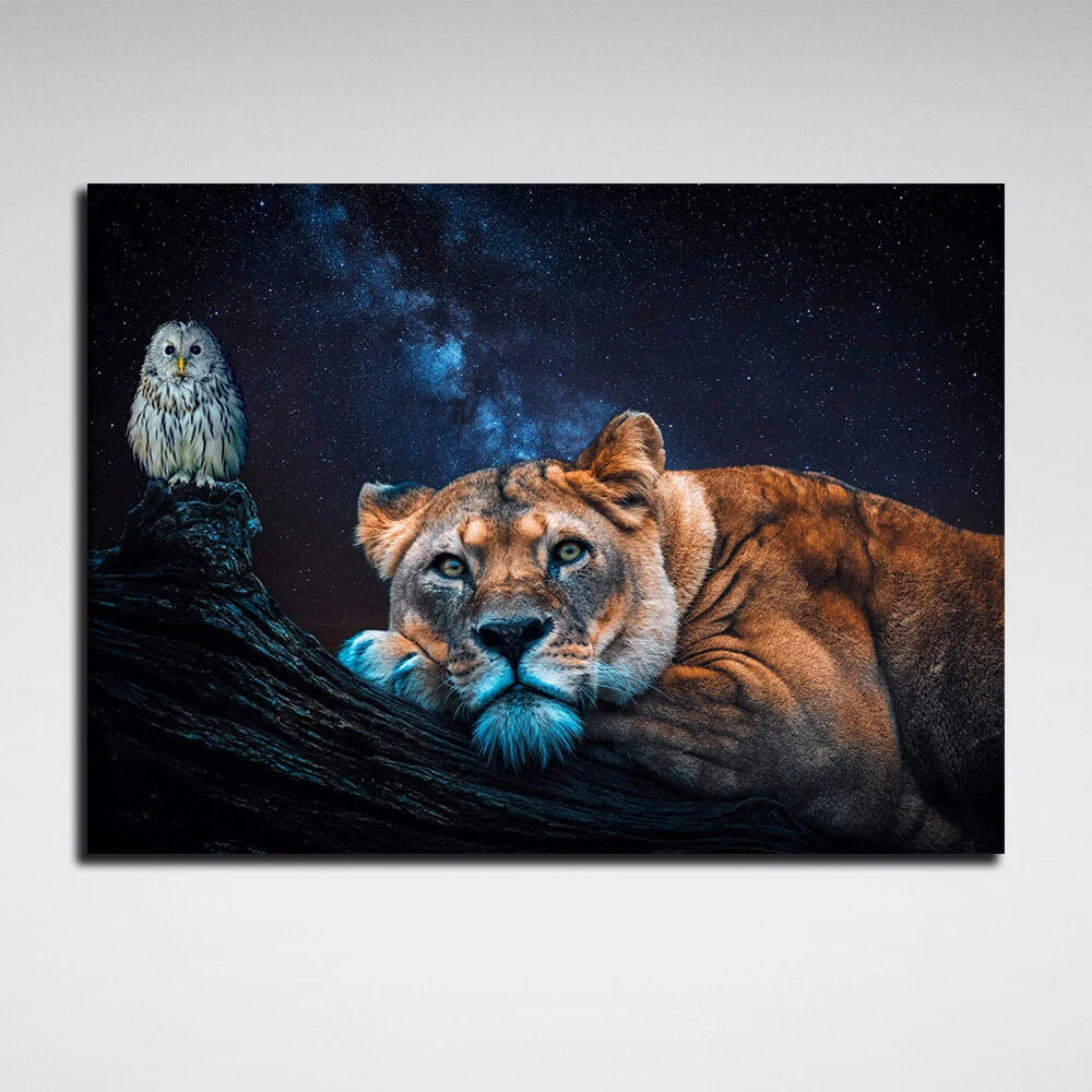 A lioness and an owl Canvas Wall Art Print