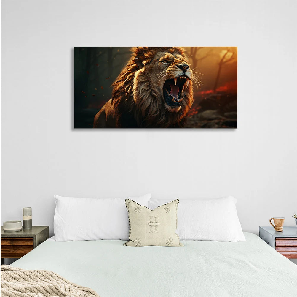 A roaring lion in a burning forest Canvas Wall Art Print