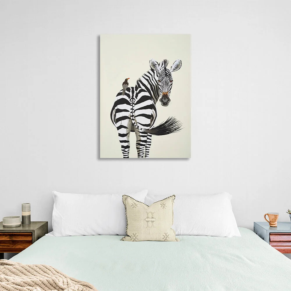 Kunstdruck auf Leinwand, Motiv: Ein Zebra und ein Vogel